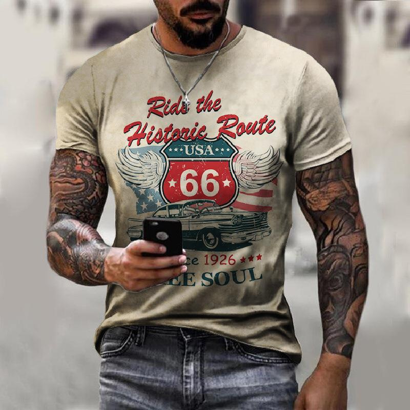 Cross-border Amazon hombres camisa de cuello redondo retro manga corta estilo europeo y americano impreso N ° 66 carretera carta camiseta