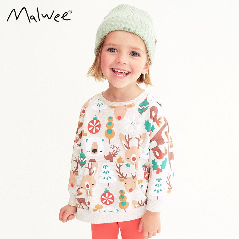 Malwee Girls' Autumn Sweatshirt, European and American Style, New Fashionable Printed Round Neck Shirt, Long Sleeve Base Layer Top