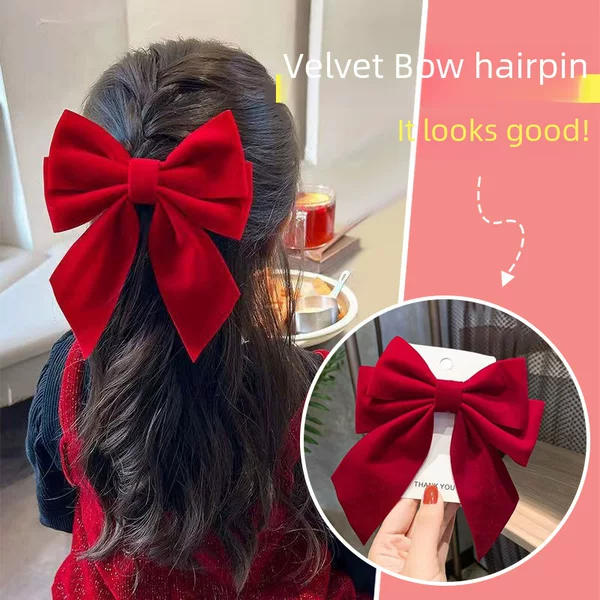 Red Bow Hairpin Girls Headwear Autumn and Winter Hair Accessories National Day Festive Hairpin Elegant Sweet Elegant Top Clip