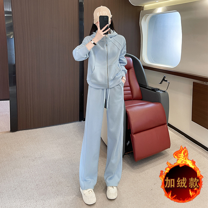 Korean Style Cardigan fleece-lined Sweater suit Women's Autumn and Winter Warm New Hooded Loose Top Trousers Fashion Two-piece Set Korean Style Cardigan fleece-lined Sweater suit Women's Autumn and Winter Warm New Hooded Loose Top Trousers Fashion Two-piece Set