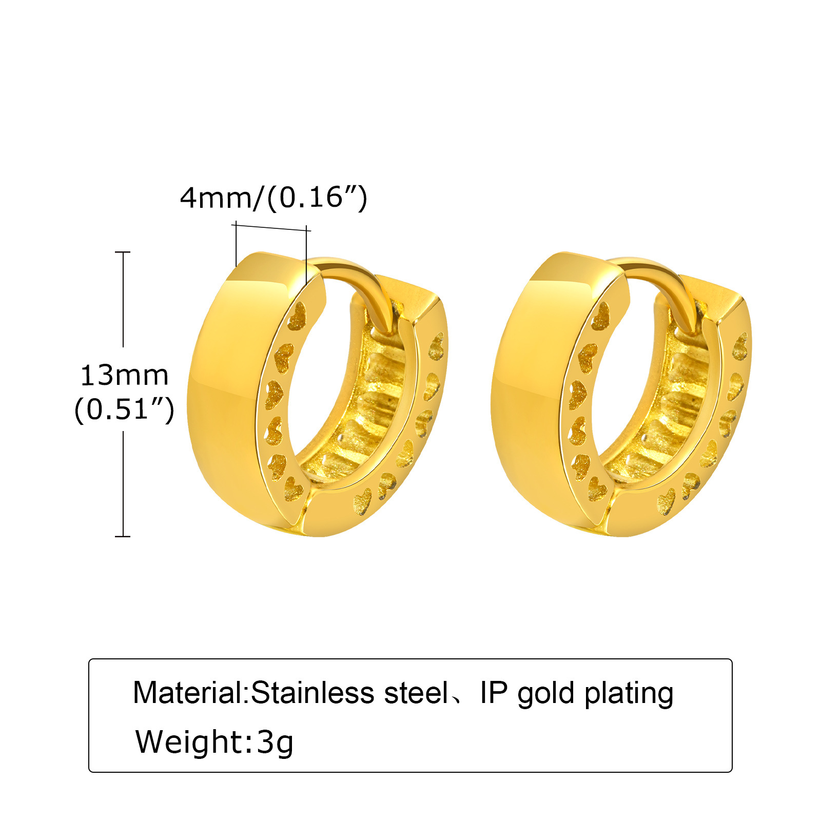 9g Weight PVD Coated Gold Plating Process PVD Coated Gold Plated Solid Color 201 Stainless Steel Streetwear Waterproof Non Tarnish Hoop Earrings