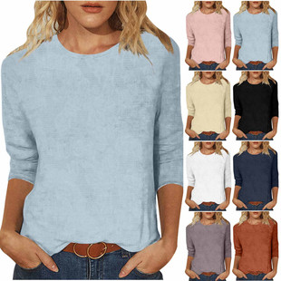 Women's Casual Solid Color Jacquard Round Neck 3/4 Sleeve T-Shirt Three Quarter Sleeve Loose Top
