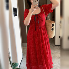 双天2026女装新款初夏精致连衣裙胖妹妹花边波点方领连衣裙9363