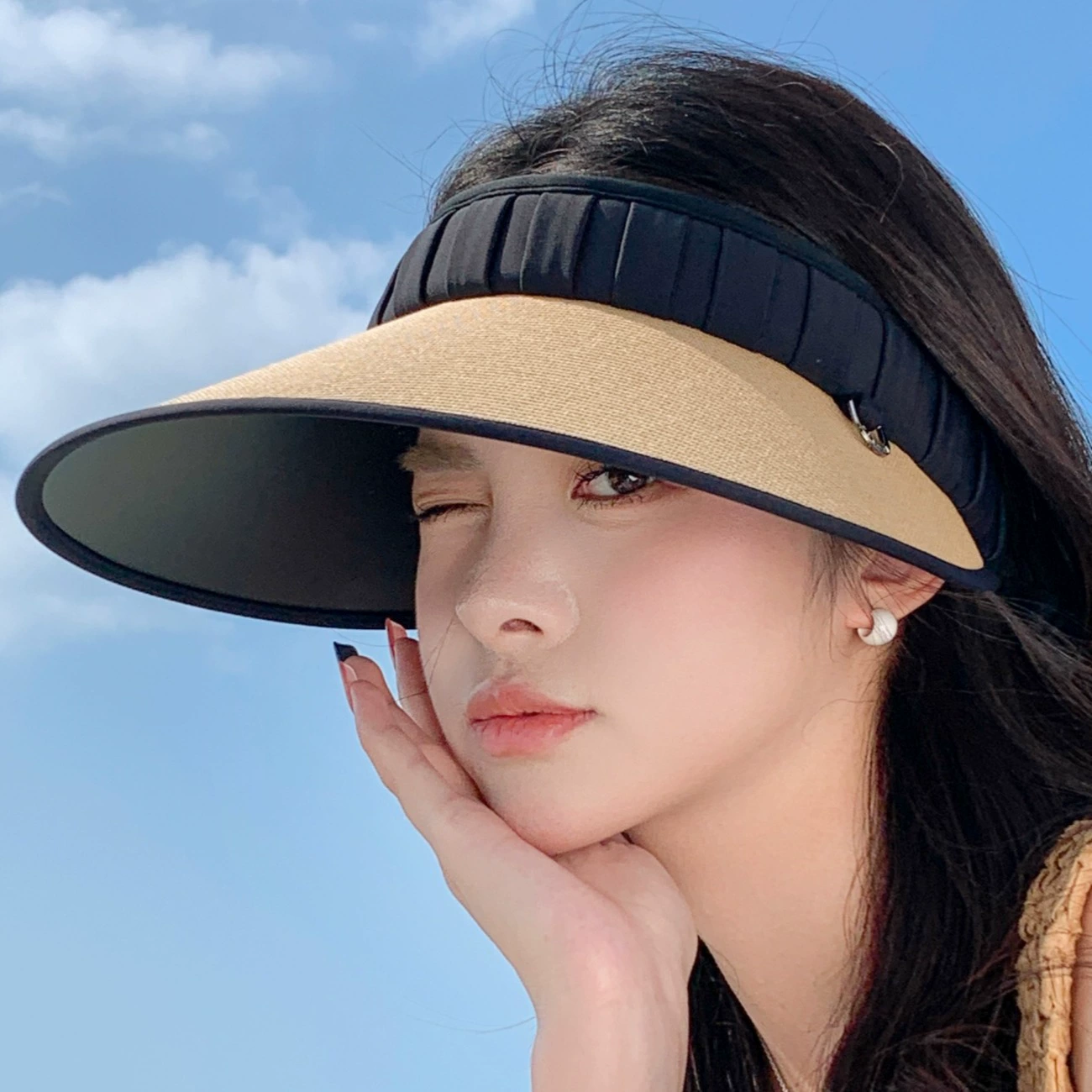 Miss Koi Travel: соломенная шляпа UV-защита, 56-58 см, цвета хаки/черный, хаки кант, бежевый край рис