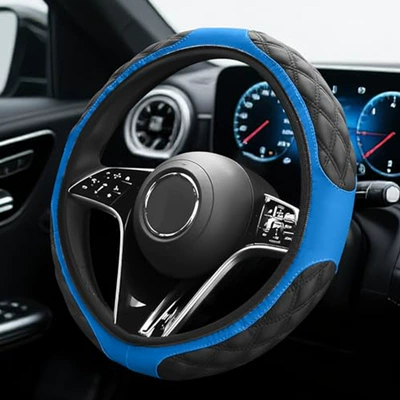 Steering wheel cover Embroidery and Leather Stitching, No Inner - blue-38cm