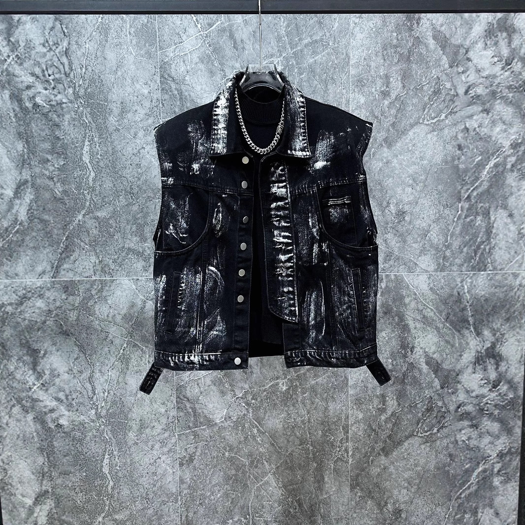 型男潮男/新款小众美式做旧复古牛仔马甲套装潮牌帅气破洞设计感