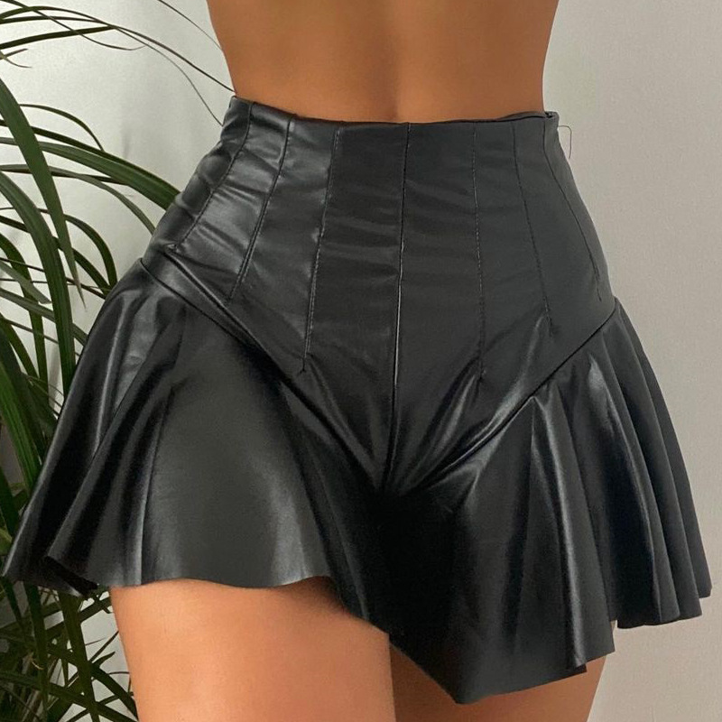 Patchwork Design Summer Sexy Fashion Simple Style Solid Color Pu Polyester Slim Above Knee Skirts