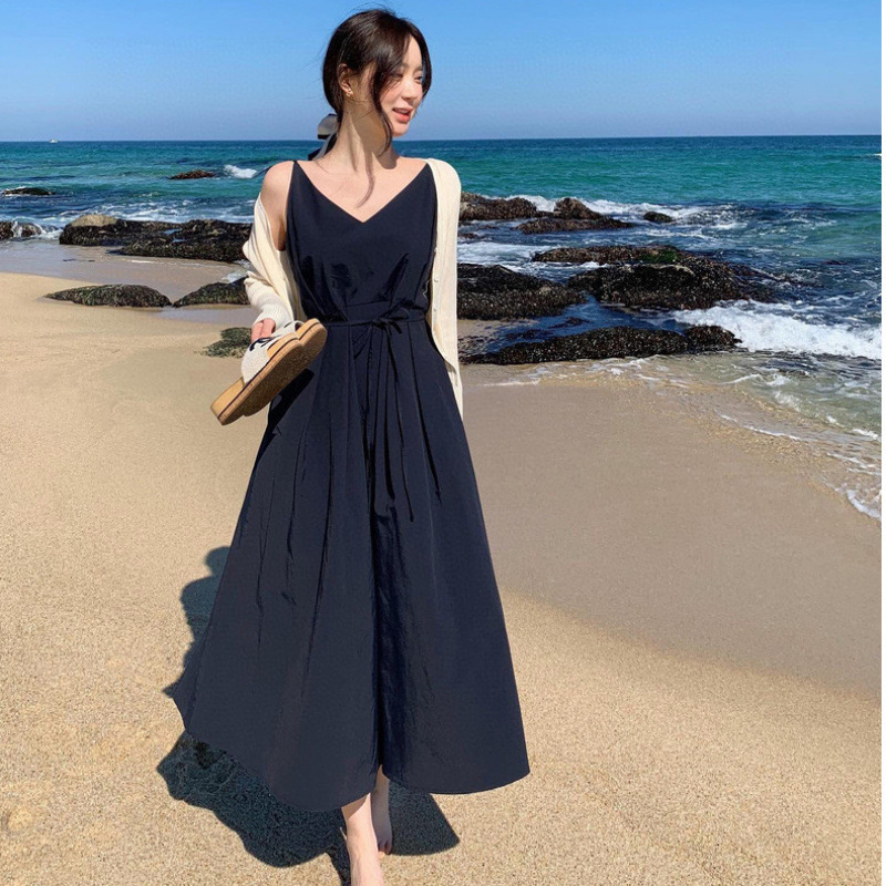 韓国シックな夏フレンチニッチ V ネックレースアップサスペンダードレス女性のウエスト痩身ビーチスカートロングスカート|undefined