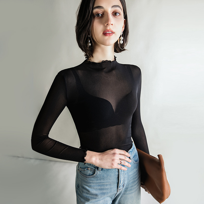 Wood Ear Mesh Bottoming Shirt 2024 Autumn and Winter New Thin Style Sexy Transparent Shirt Long-Sleeved Gauze Shirt