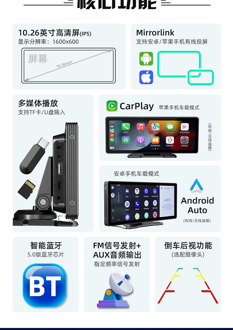 10.26inch Carplay Portable Screen Car Mp5 Navigator Pnd Apple Android Connected Car Player