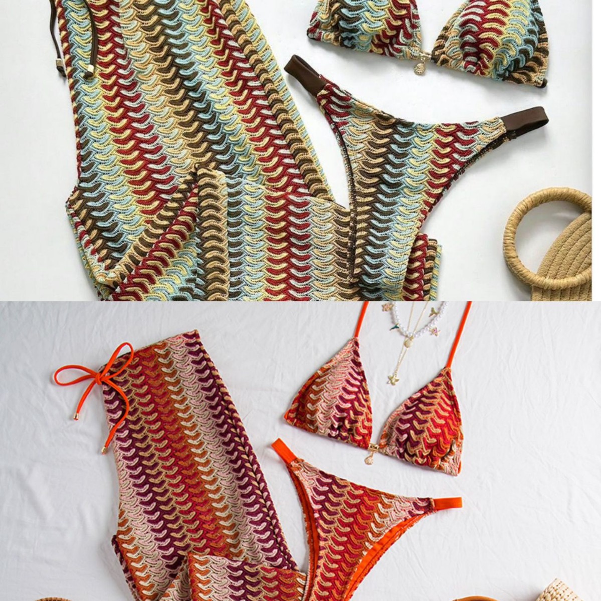 2026 European and American New Style Swimsuit Three-Piece Set Colorful Knitted Tie-Up Long Pants Bikini Beach Vacation Bikini