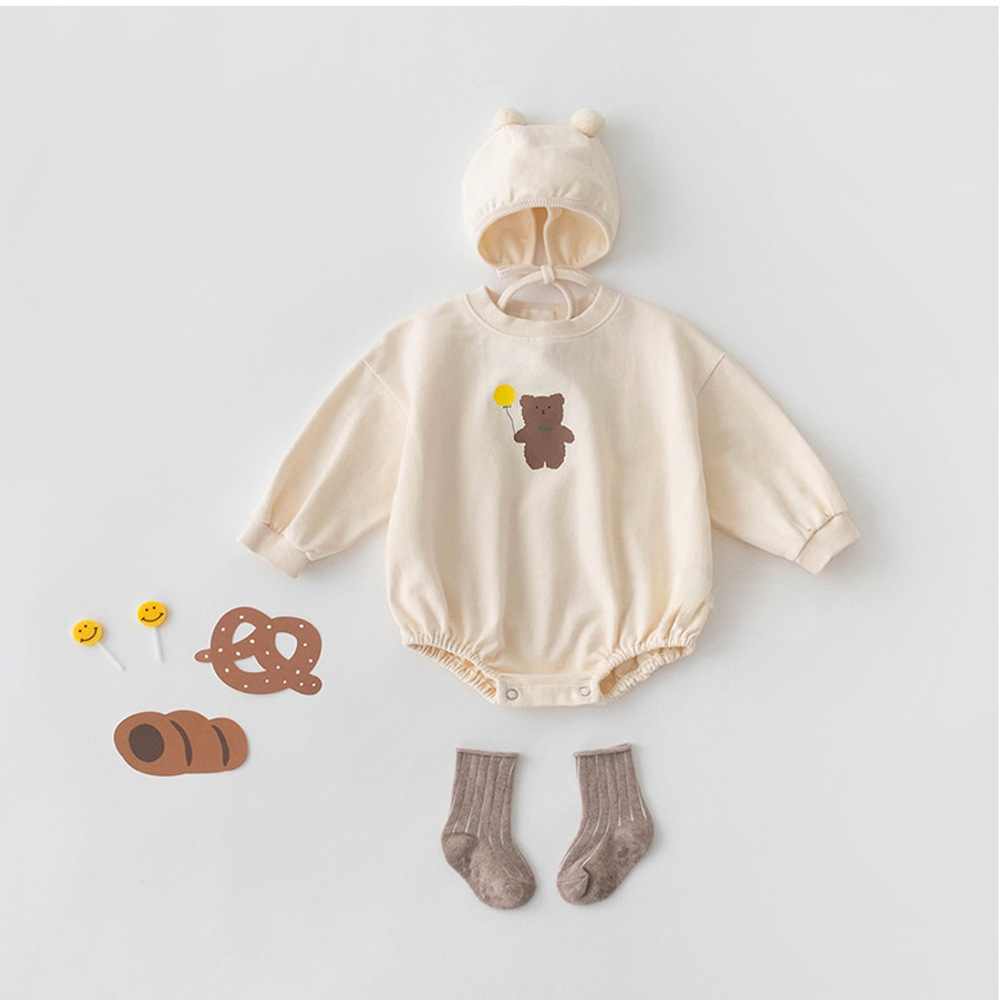 INS estilo coreano niños y niñas bebé oso impreso con capucha mameluco recién nacido algodón suelta triángulo mameluco corto escalada