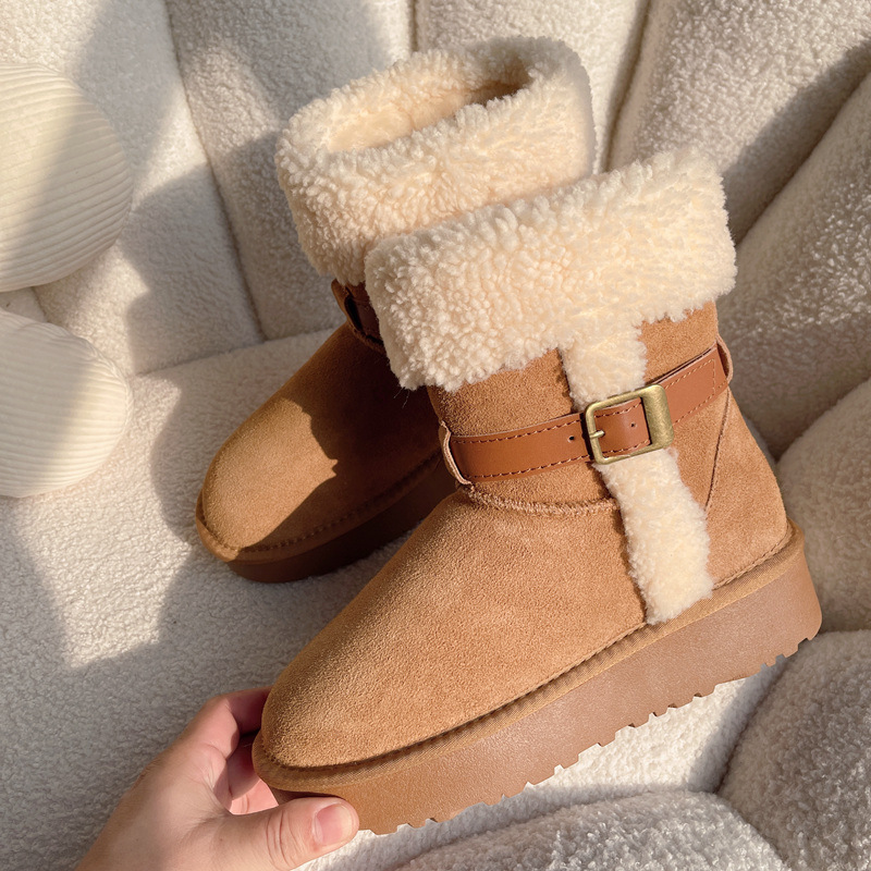 Winter New Thick Soled Height Increasing Knight Boots With Belt Buckle, Rolled Wool And Fur Integrated Snow Boots With Plush And Thickened Midsole_voghion.com