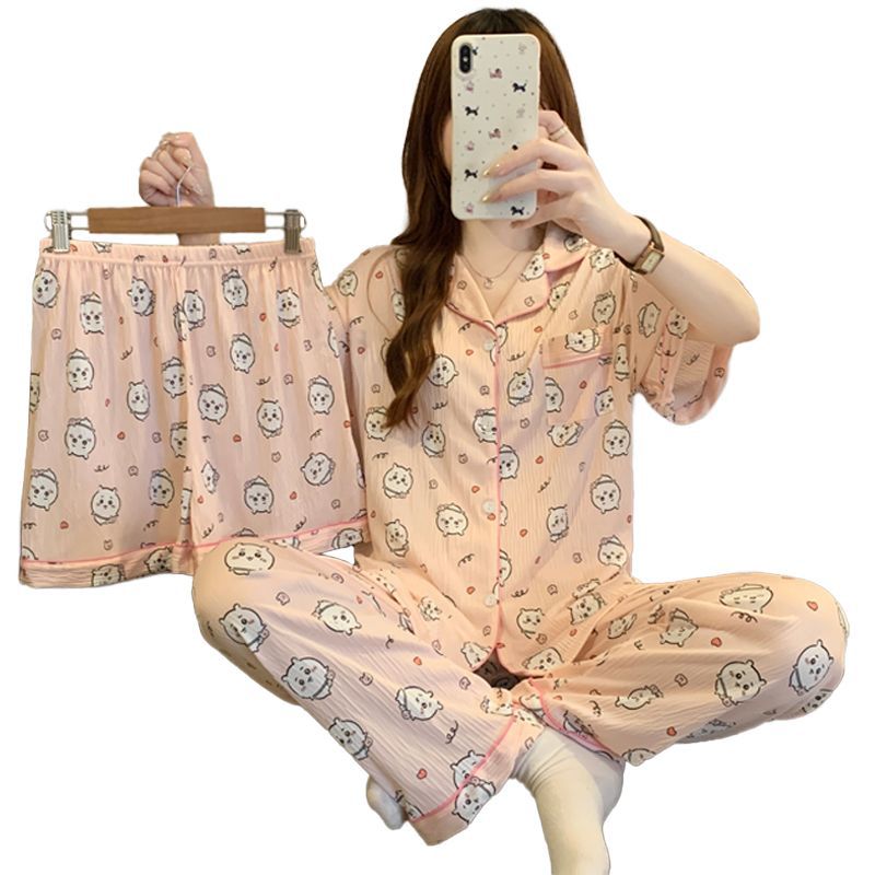 Comercio exterior transfronterizo Japón chikawa tela arrugada traje de tres piezas pantalones cortos de manga corta pijamas suaves traje de servicio a domicilio para mujer
