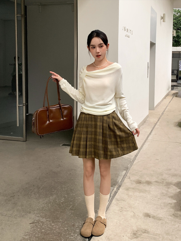 衣尔衫 英伦街道 格纹复古百褶裙半松紧腰半身裙女短裙气质0626|undefined