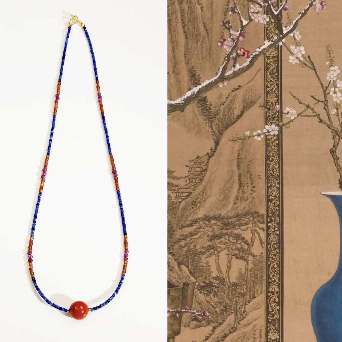 Snake Year Lucky Bead Necklace, Natural Lapis Lazuli, Red Agate, Clavicle Chain, Sugar Cube Style, New Chinese Style Necklace, Elegant and Versatile