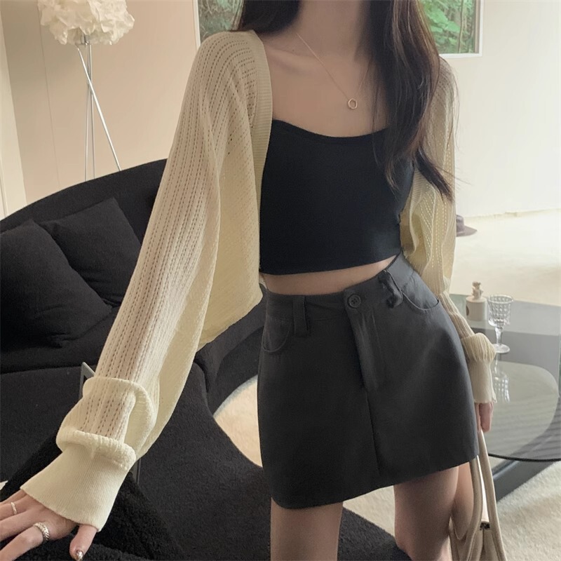 Knitted Blouse Women's Long-Sleeved Sun Protection Clothing with Suspenders Summer Short Outer Cardigan Jacket Small Fragrant Thin Top