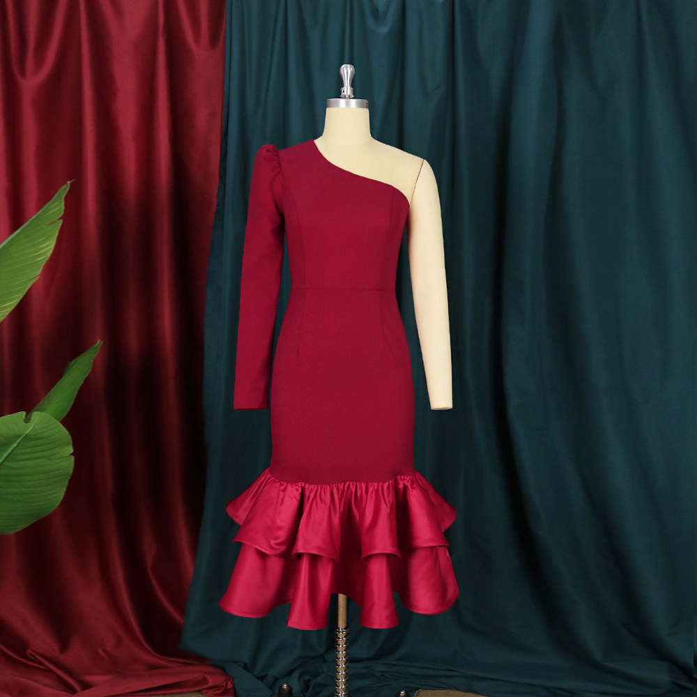 Women's Clothing Plus size women's clothing S 4XL one shoulder sexy dress ruffled one step skirt cocktail party banquet slim light dress_voghion.com