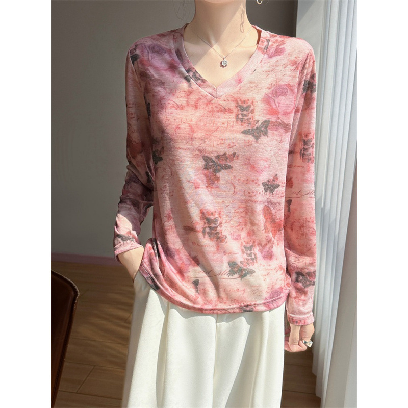 Spring and Summer New Style Printed Lyocell Tencel Long-Sleeve T-Shirt for Women, Thin Butterfly Knit Base Shirt Top for Layering