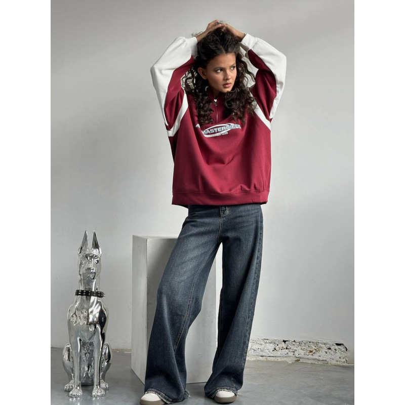 Felpa con stampa patchwork a righe laterali, stile street style, con mezza zip e lettere color block in stile americano_voghion.com