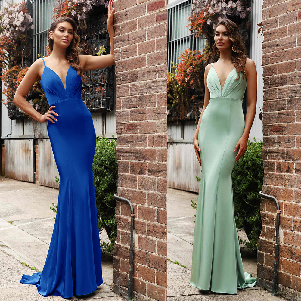 Vestido de satén ajustado de primavera para exportación, vestido de noche verde ajustado con tirantes finos estilo bodycon de Amazon, vestido de dama de honor image 1