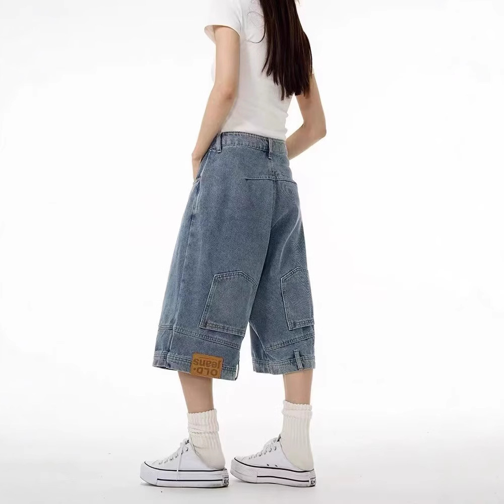 American-style Retro Niche Washed Anti-wear Dressed Denim Shorts Cropped Pants Inverted Straight Wide Leg Slimming Mid-length Pants for Men