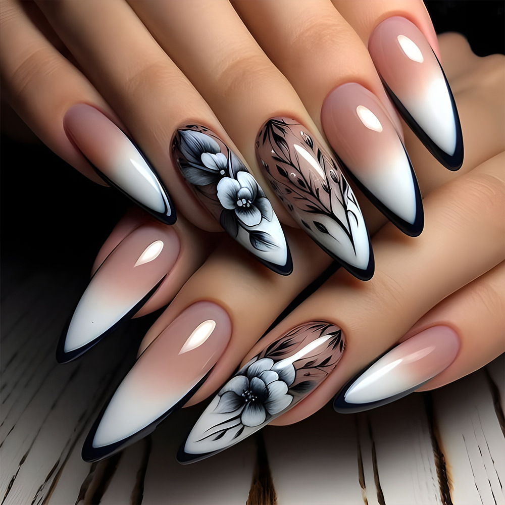 Polvo desnudo gradiente negro floral parche de manicura transfronterizo ventas calientes retrógradas fabricantes de uñas de suministro directo 24 piezas de uñas