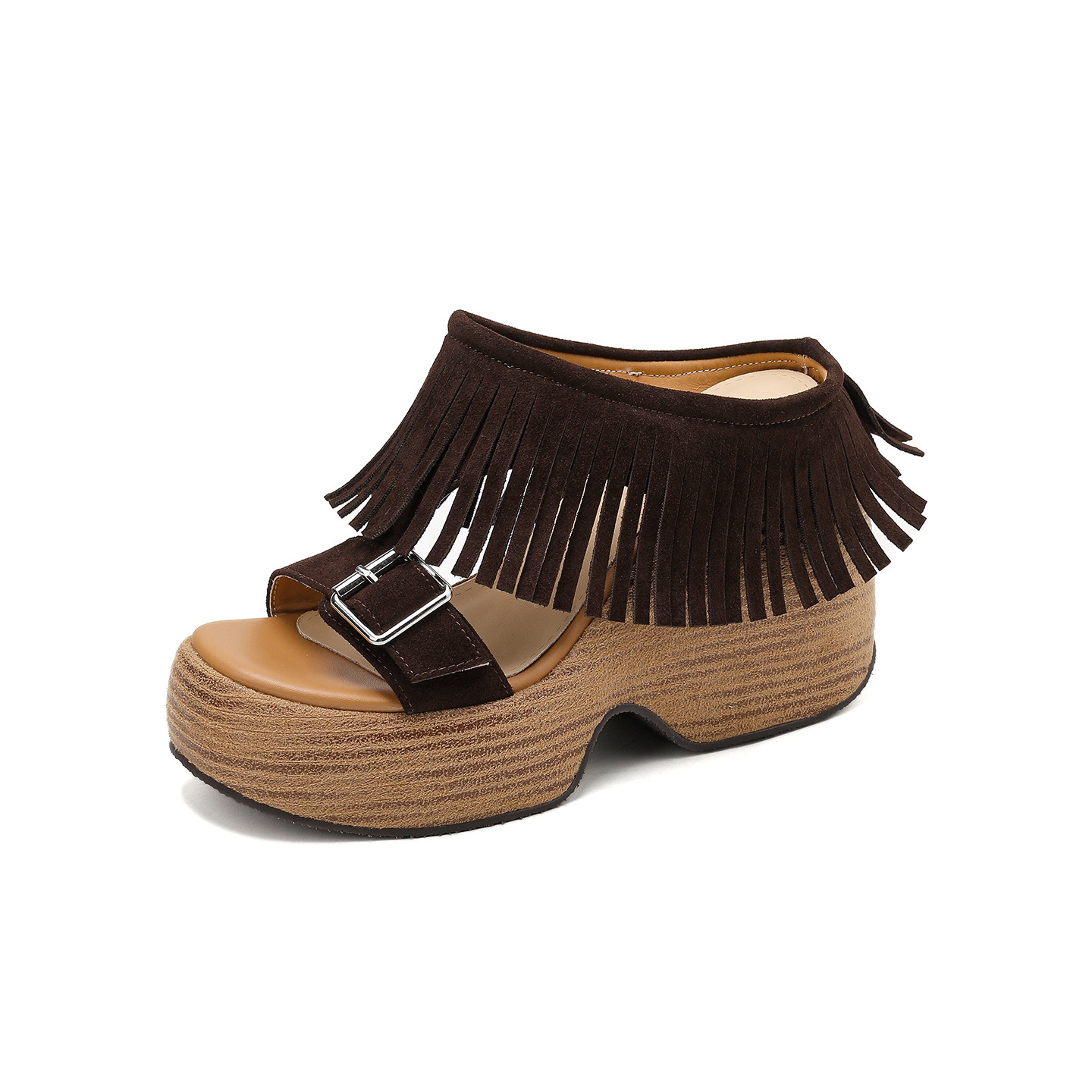 Sandal nữ hở mũi đế dày gót 11 cm tua rua quai ngang khóa — nâu sẫm chi tiết 19