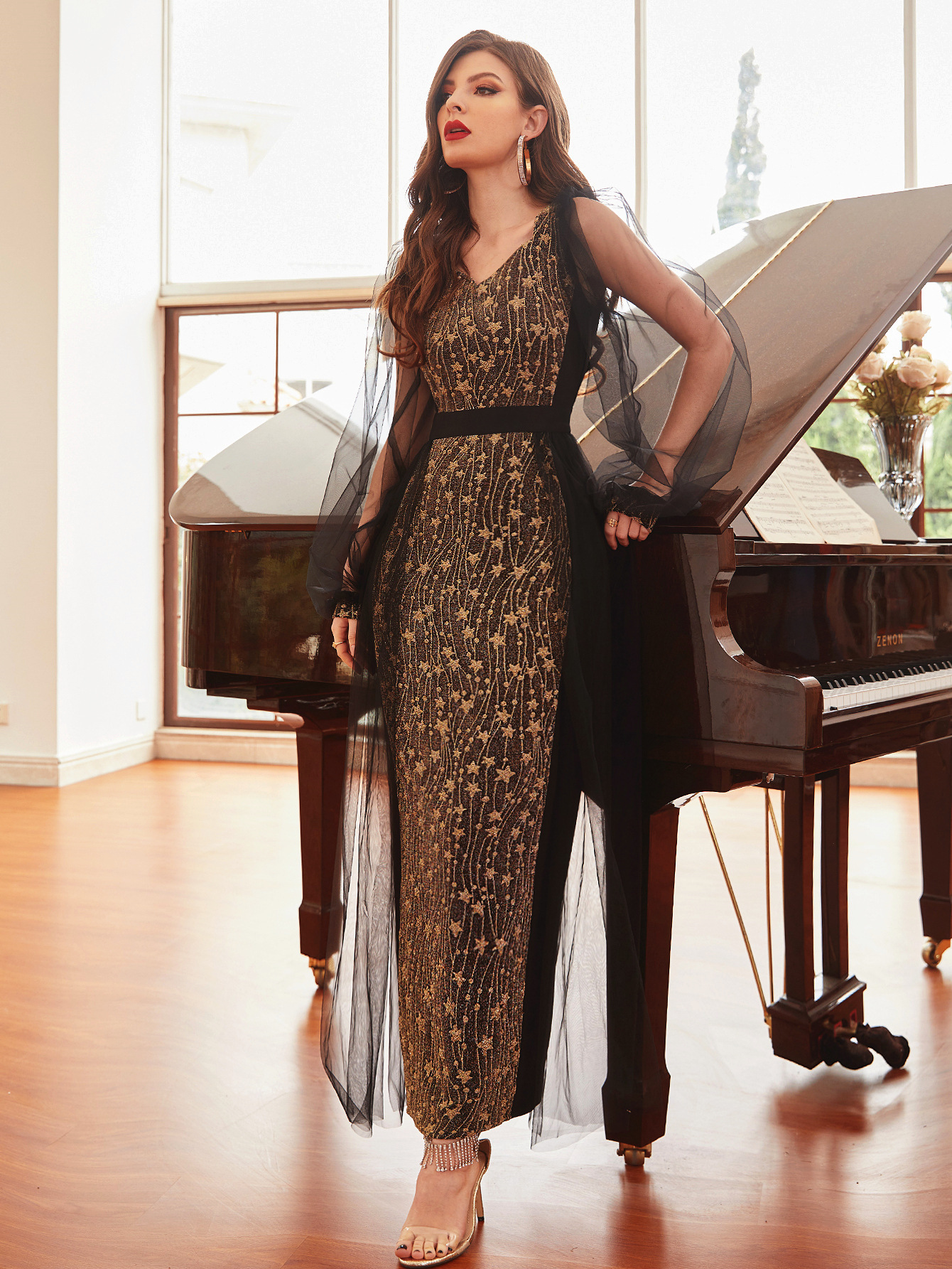 High elastic gold jacquard knitted mesh sleeves design dress long skirt party dress_autovado.com