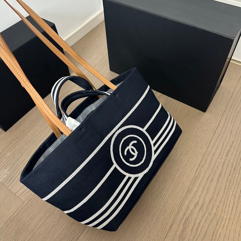 Small Chanel Style Navy Striped Canvas Bag Denim Tote Bag Large Capacity Bag 2025 New Large Shoulder Beach Bag
