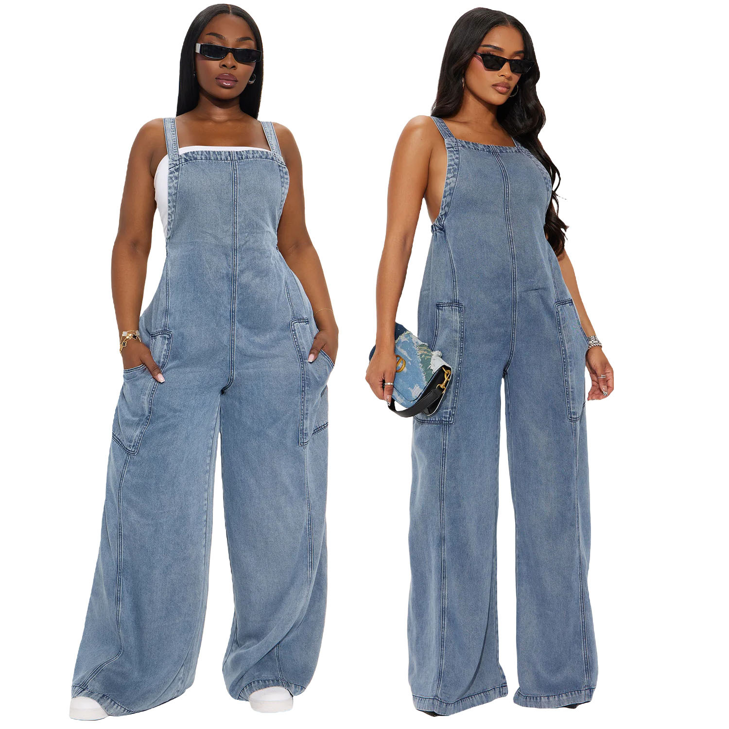 Dam denim jumpsuit med vida ben i amerikansk stil_voghion.com