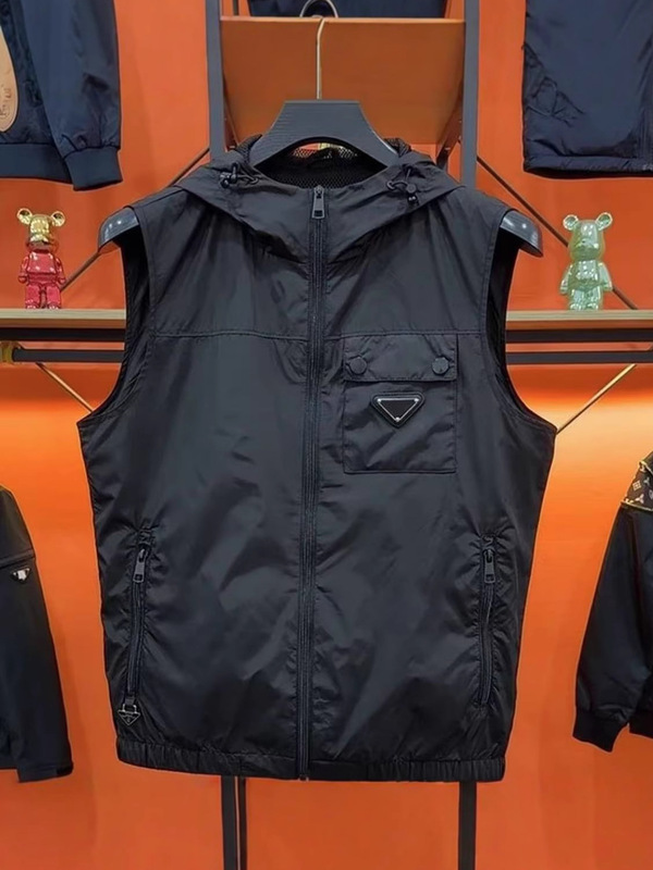Summer Thin Hooded Sleeveless Vest Men's Large Size Trendy Casual Triangle Logo Jacket Vest Jacket