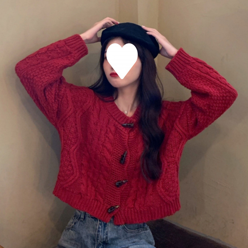 Suéter de torsión retro con cuerno de buey, cardigan de punto de otoño coreano, abrigo corto de estilo perezoso para mujeres