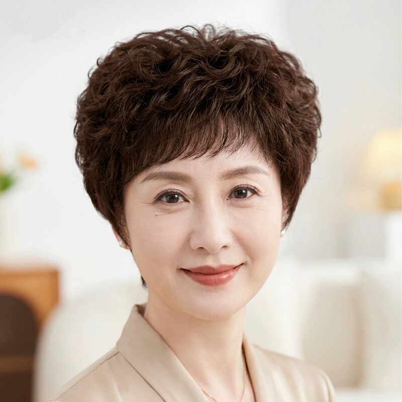 Short curly wig for women, full headpiece, made with real human hair, suitable for middle-aged and elderly women, for everyday wear, natural-looking