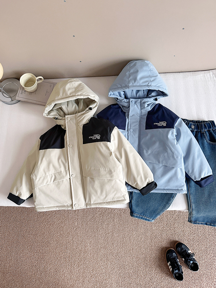 Wind Valley 2025 nuevo invierno para niños coreanos color contrastante chaqueta de plumón chaqueta de asalto con capuz chaqueta gruesa image 3