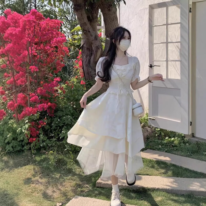 Summer French-Style First Love Pure Sweet Dress, Puffy Skirt, Waist-Cinching Dress, Irregular Ruffled Princess Dress for Women
