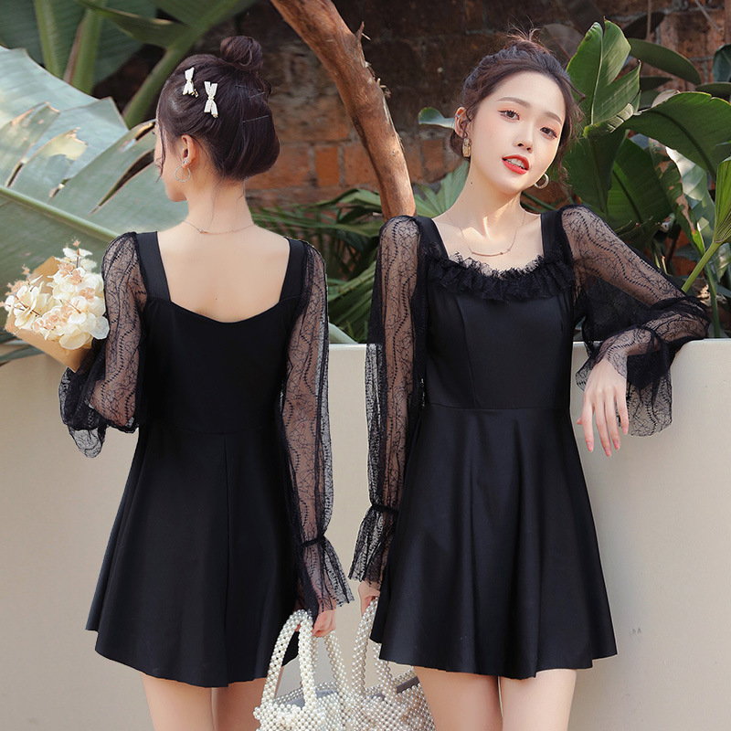 韩国泳衣ins 简约黑长袖防晒学生保守连体少女温泉纯色度假厂批发