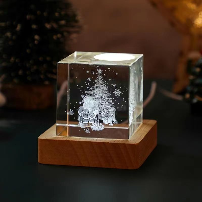 水晶球立方体摆件生日礼物银河星空方体小夜灯木质发光底座情人节 - 15