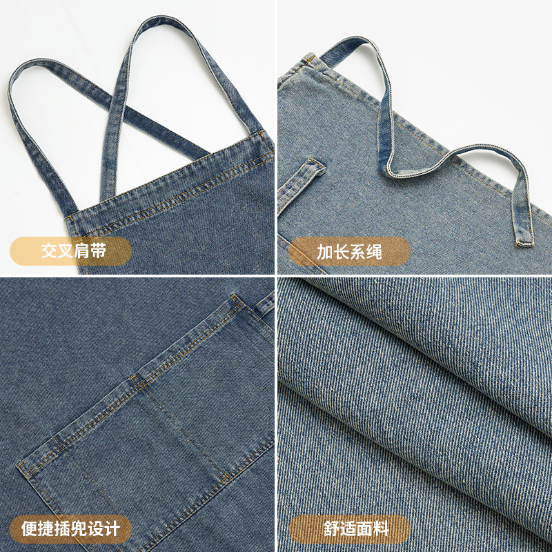 デニムのエプロンの台所の家庭用和式の工装のネイルの絵のコーヒーメーカーの仕事の男女は腰のロゴを囲んで印字します。