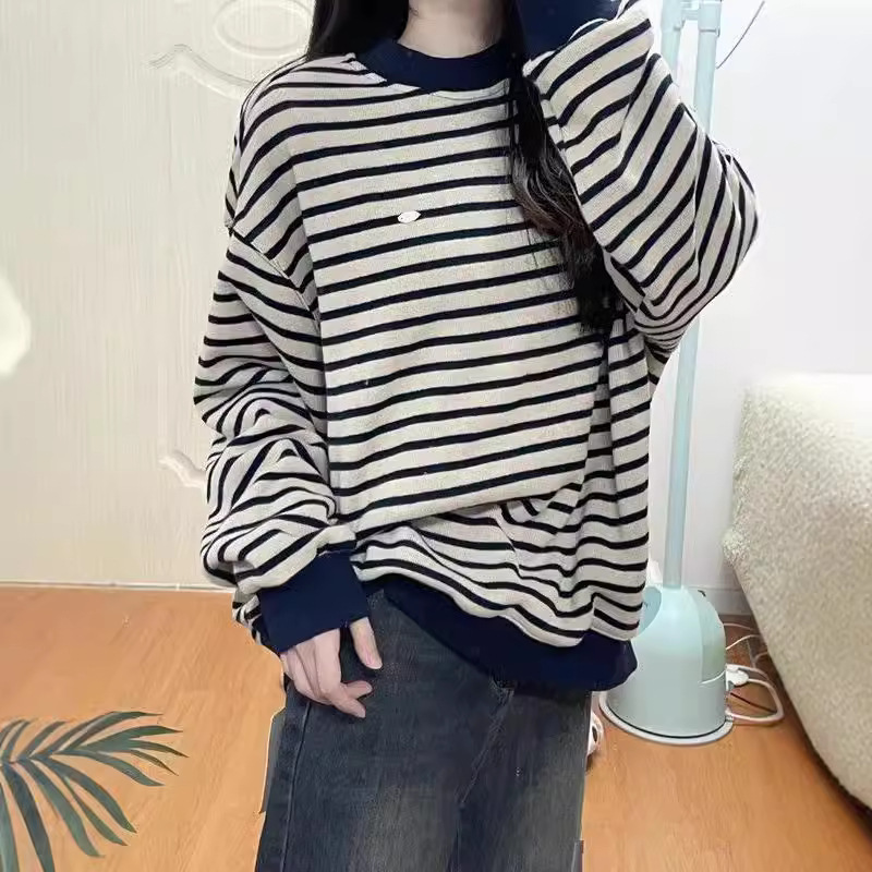 Striped Crewneck Sweat Women's Spring and Autumn New American Style Retro Lazy Style Hood Loose Long-sleeved Top