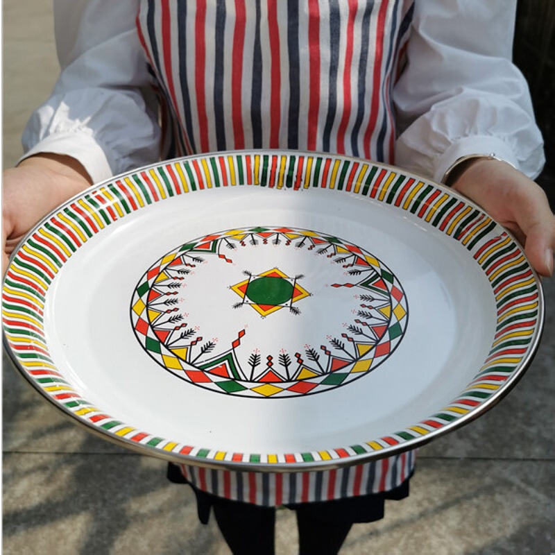New Enamel Tea Tray Hotel Tray Striped Fruit Barbecue Rice Tray Ethnic Restaurant Palace Style Large Plate Chicken Plate New Enamel Tea Tray Hotel Tray Striped Fruit Barbecue Rice Tray Ethnic Restaurant Palace Style Large Plate Chicken Plate