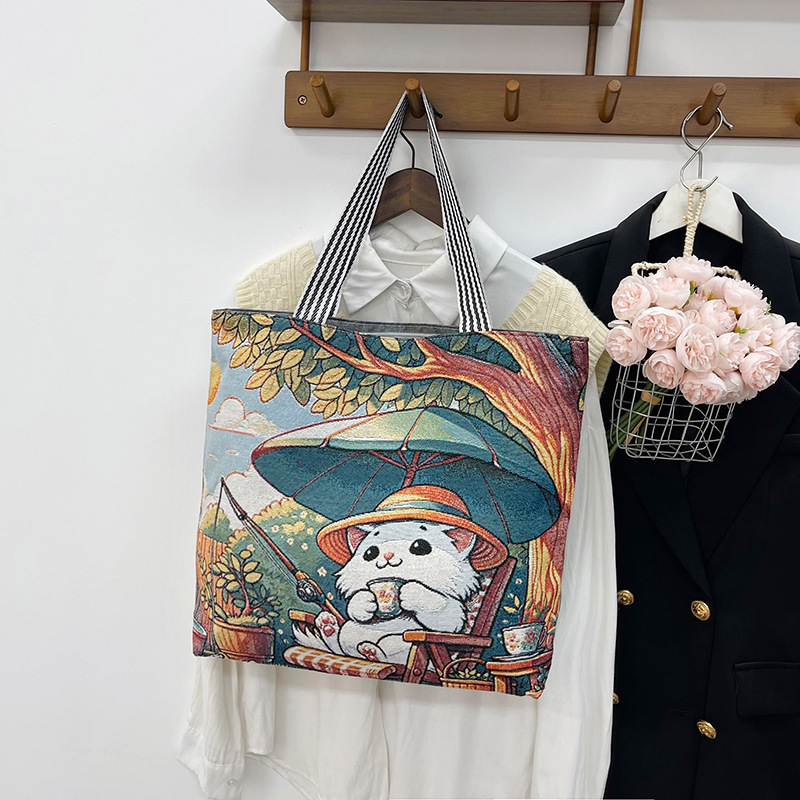 新しい女性のキャンバスポータブルショルダーバッグ漫画蝶織り刺繍シンプルな大容量ショッピングバッグ短距離旅行大型バッグ|undefined