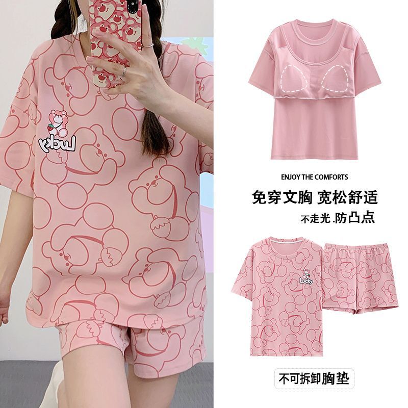 Foreign trade wholesale factory summer cartoon pajamas women with chest pad short sleeve shorts casual can wear home clothes suit