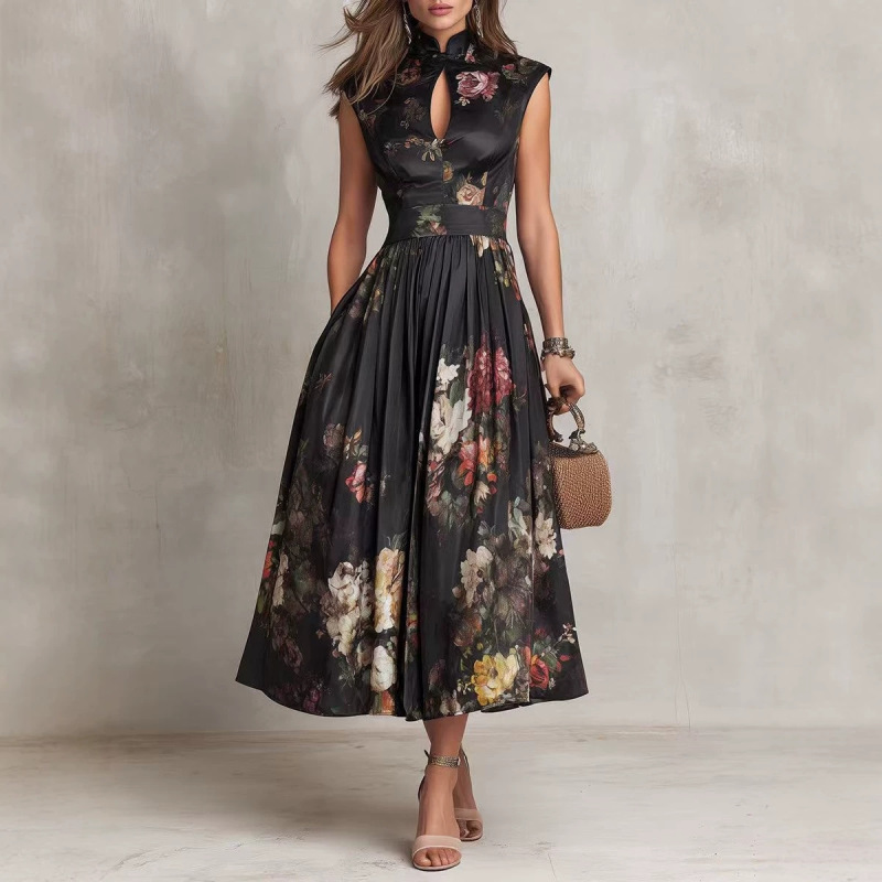 European and American Amazon Women's Clothing 2026 New Style Sleeveless Black Three-Dimensional Floral Digital Print Long Dress Slim Fit Dress European and American Amazon Women's Clothing 2026 New Style Sleeveless Black Three-Dimensional Floral Digital Print Long Dress Slim Fit Dress