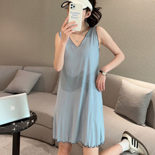 莫代尔背心连衣裙夏季薄款低领V领性感打底衫女中长款无袖吊带裙