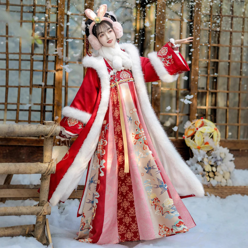 Original Hanfu New Year Outfit for Women, Mid-Length Suspender Dress Set, Improved Fleece-Lined Woolen Cape Coat for Winter Warmth