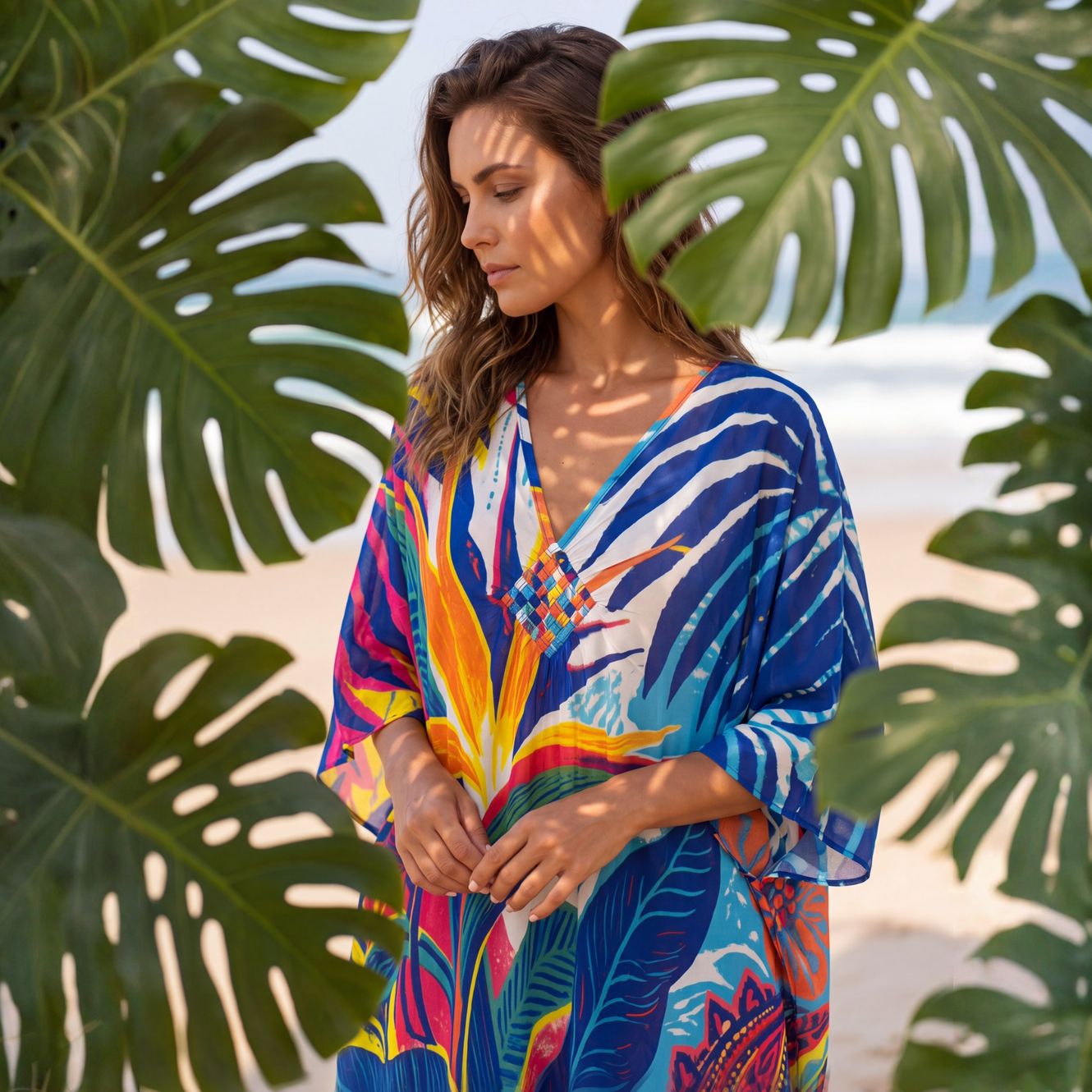 Four-way stretch quick-dry beach cover-up with woven chest detail, vacation bikini cover-up, foreign trade