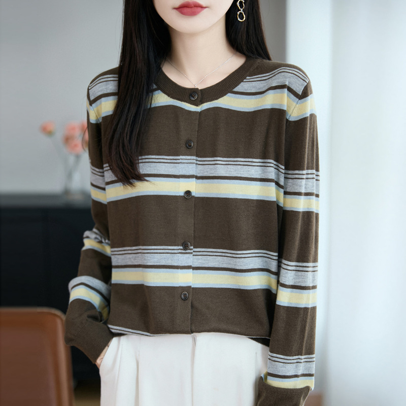法式设计感撞色条纹针织开衫女新款显瘦宽松毛衣外搭复古女装上衣|undefined