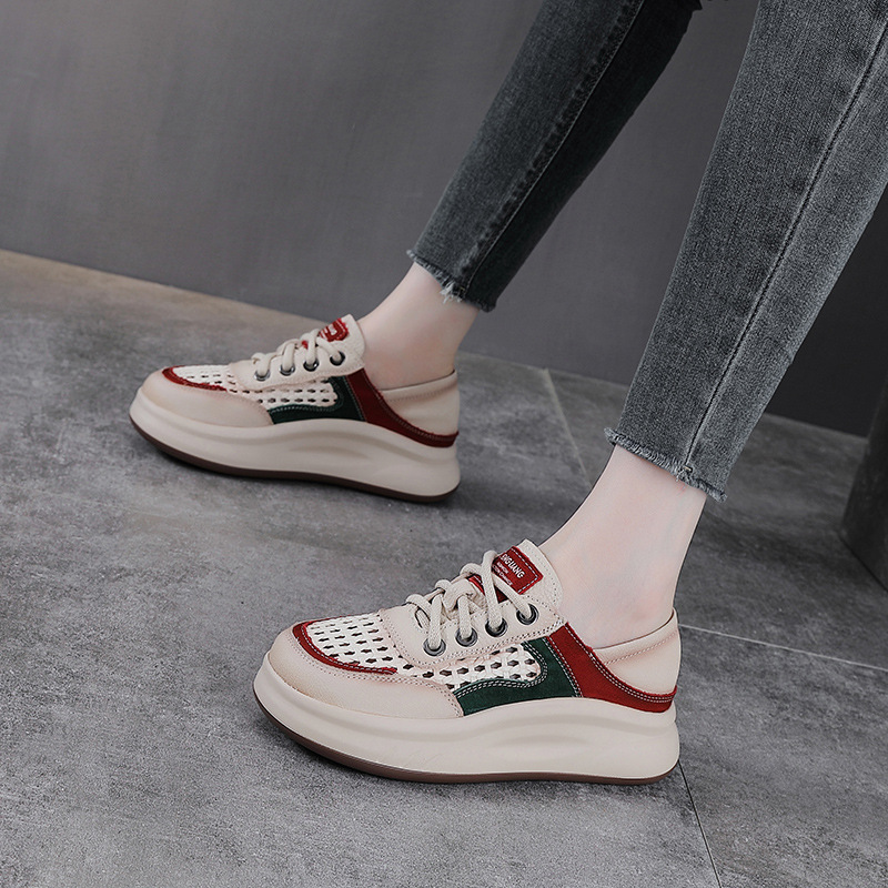 Giày sneaker nữ da bò lỗ thoáng khí dây buộc mũi tròn phong cách cổ điển — xanh lá cây