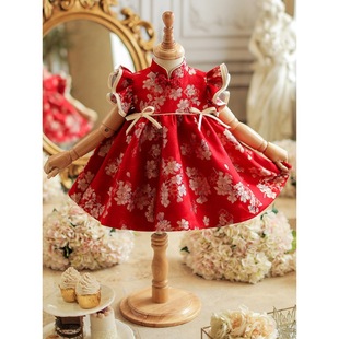 One-Year-Old Dress Baby Girl Chinoiserie National Style Birthday Red Little Princess Dress Girl Baby Birthday Party Cheongsam Summer